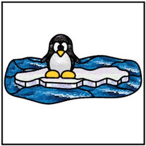 May include: A black and white penguin with a yellow beak and feet sits on a white iceberg floating in blue water.
