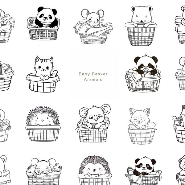 27 Cute Baby Animals in Folded Cloths Baskets - Wall Art, Merchandise Print, Line Drawing, Printable Digital Download