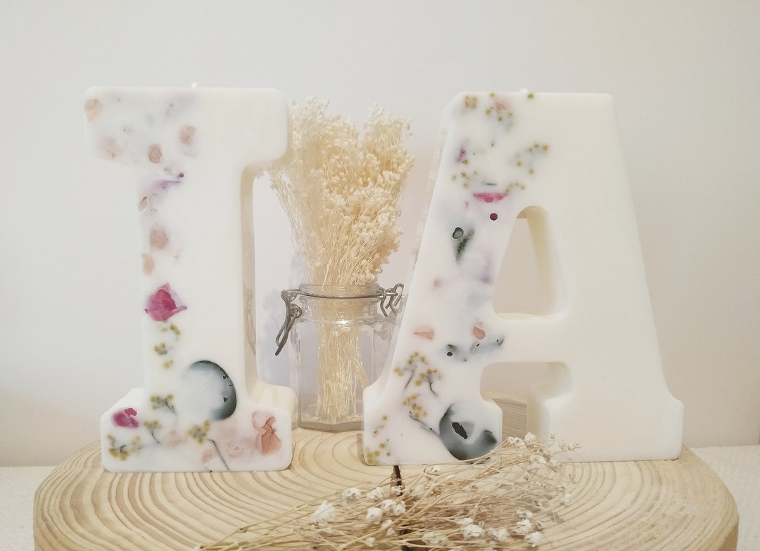 PERSONALIZED Large Letter Candles With Dried Flowers, Letter Alphabet