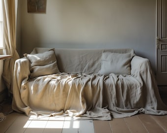 Linen Couch Cover  Upgrade Your Living Room Decor - Extra Large Linen Couch Cover, Natural sofa cover, Sectional couch cover, Big bed cover