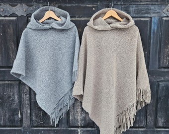 beige wool blanket poncho with hood - Kiruna - grey hooded cape ruana with fringes -  Comfortable wool cape for outdoor - In2Nord