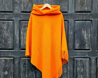 orange wool blanket poncho with hood - Kiruna - hooded cape ruana with fringes -  Comfortable wool cape for outdoor - In2Nord