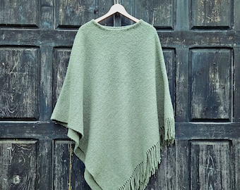 green wool blanket poncho with hood - Kiruna - hooded cape ruana with fringes -  Comfortable wool cape for outdoor - In2Nord