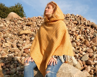 yellow wool blanket poncho with hood - Kiruna - hooded cape ruana with fringes -  Comfortable wool cape for outdoor - In2Nord