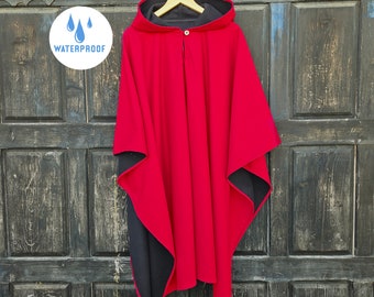 Rain poncho OLAND Unisex ruana cape waterproof - red rain jacket poncho with hood Comfortable cloak windproof waterproof In2Nord