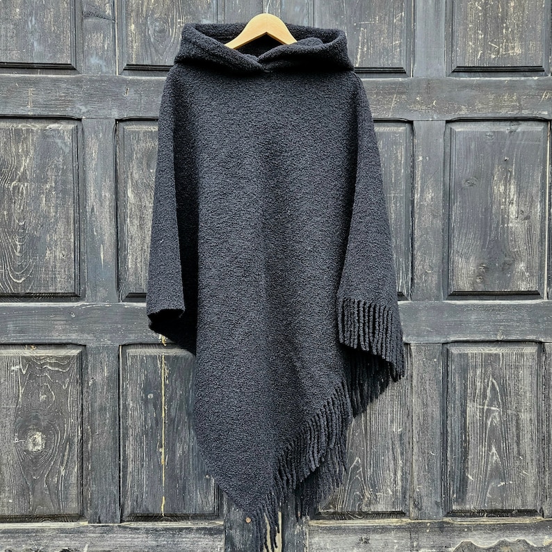 Black Wool Blanket Poncho With Hood Kiruna Hooded Cape Ruana With ...