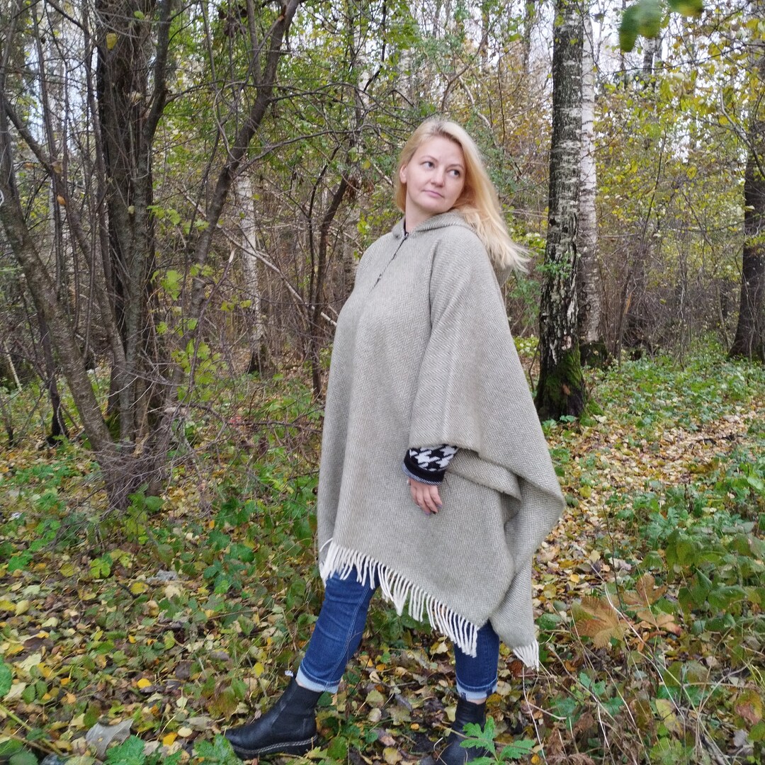 Wool Blanket Poncho With Hood Grey or Green Herringbone SALA Etsy