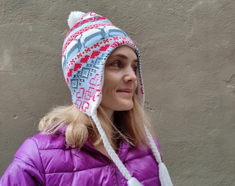 Wool Knitted Beanie for Women or Men,  Wool Cap with earflap, hand knit warm beanie with fleece lining , Woolen chullo hat Beanie Unisex