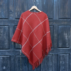 red wool blanket poncho with hood - Kiruna - hooded cape ruana with fringes -  Comfortable wool cape for outdoor - In2Nord