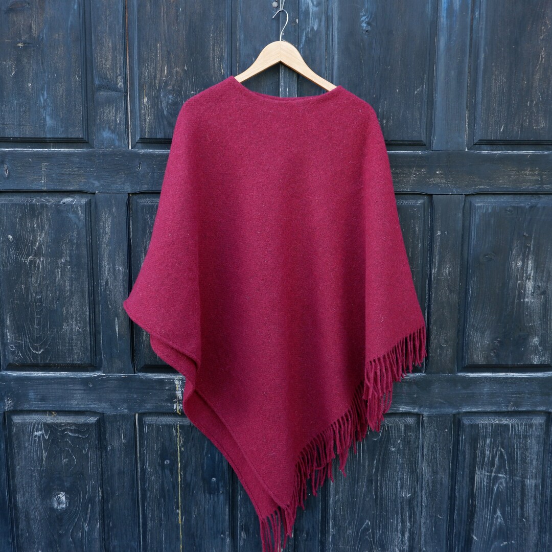 Red Wool Blanket Poncho With Hood Kiruna Hooded Cape Ruana With Fringes