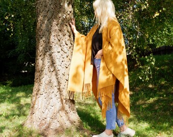 Mustard wool PONCHO - wool WRAP - Comfortable wool cape for outdoor - One size shawl wrap with fringes, Open front cape IN2NORD Europe UMEA