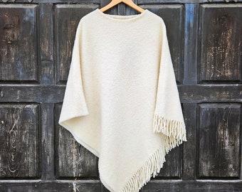 wool blanket poncho with hood Offwhite - Kiruna hooded cape ruana with fringes - Comfortable wool cape for outdoor In2Nord