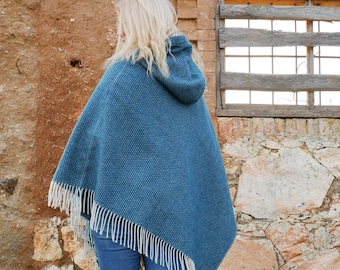 blue merino wool blanket poncho with hood blue - Kiruna - hooded cape ruana with fringes -  Comfortable wool cape outdoor In2Nord lambswool