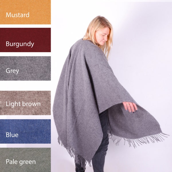 Natural wool PONCHO, wool WRAP, Comfortable wool cape for outdoor, One size shawl wrap with fringes, Open front cape, IN2NORD Europe Umea