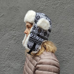 Black white Aviator winter wool hat, Unique and Cool Colorful Trapper Hat with Faux Fur Lining,  Aviator Ear Flaps hat