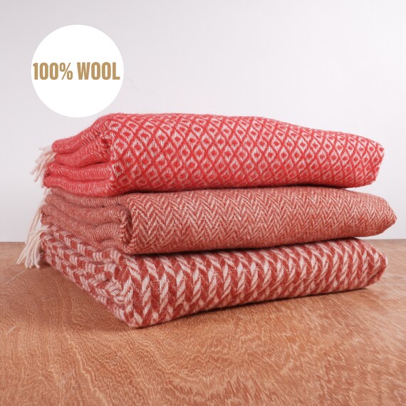 BLANKET in RED New Zealand Wool Sofa Throw Plaid Blanket Natural