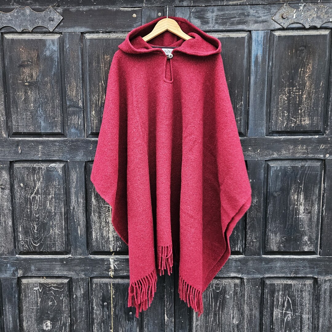 Wool Poncho OLAND Unisex Ruana Cape Red Wool Blanket Poncho With or