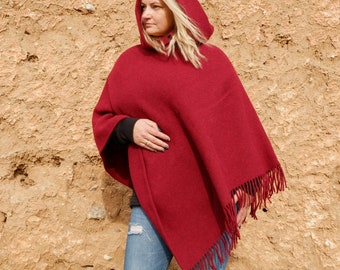 wool blanket poncho with hood -Kiruna - hooded or without hood cape ruana with fringes -  Comfortable wool cape for outdoor - In2Nord