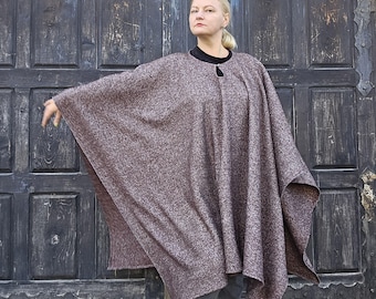 Wool poncho OLAND Unisex ruana cape - Brown wool blanket poncho with or without hood - Comfortable cape cloak shawl outdoor - In2Nord