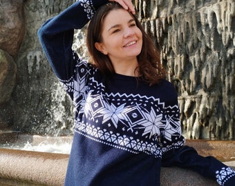 Maglione Donna Elegante Invernale A Girocollo - Modello Jacquard Norvegese, Comodo E Morbido Per Taglie Forti