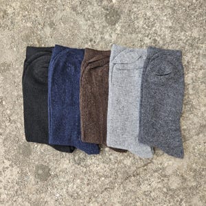 May include: Five pairs of socks in different colors: black, navy blue, brown, gray, and dark gray.