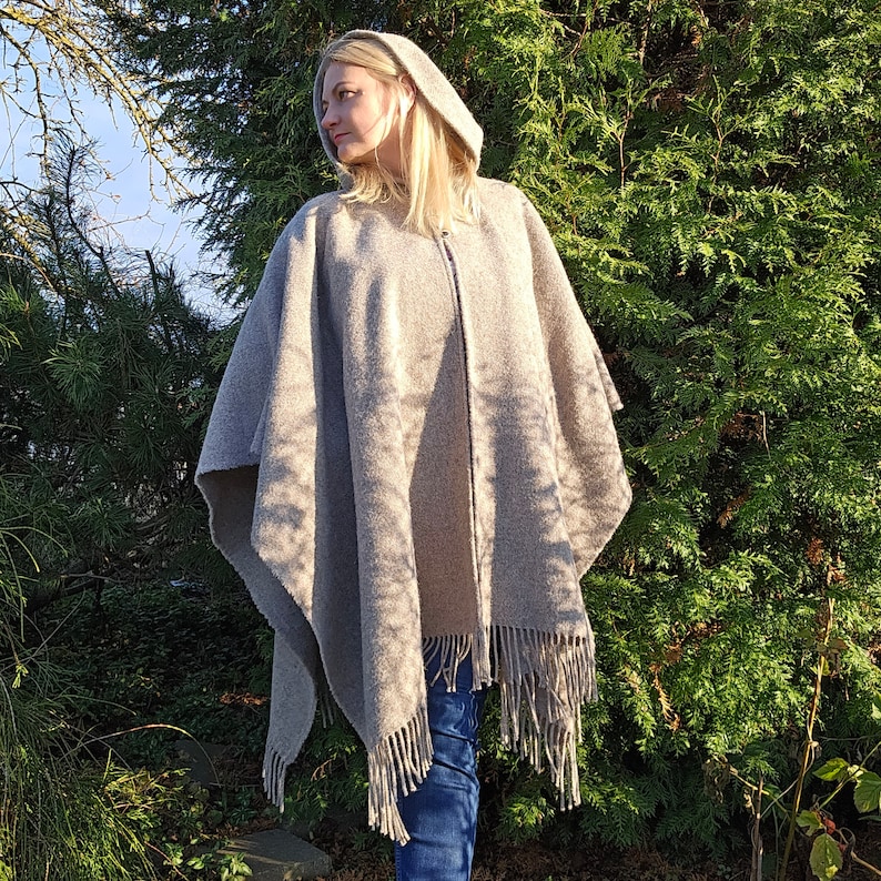 Wool Blanket Poncho With Hood Grey or Green Herringbone SALA Unisex