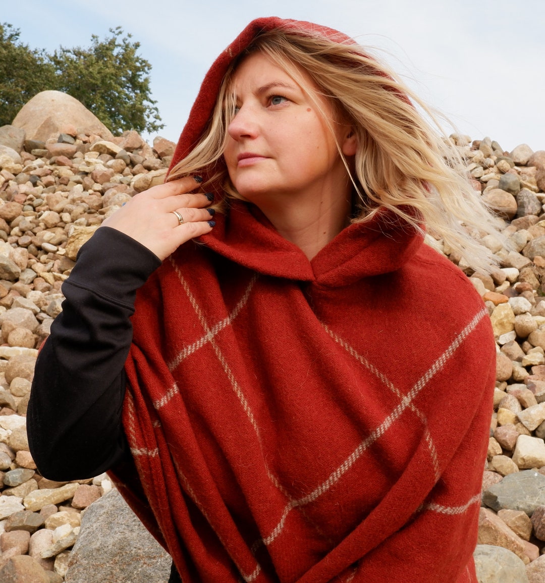 Red Wool Blanket Poncho With Hood Kiruna Hooded Cape Ruana Etsy