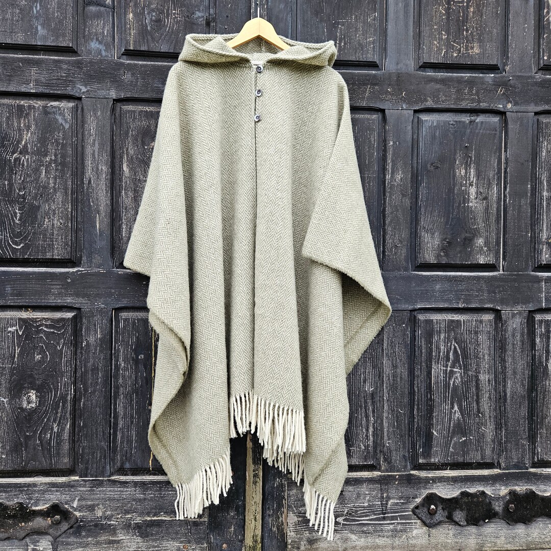 Wool Blanket Poncho With Hood Grey or Green Herringbone SALA Unisex