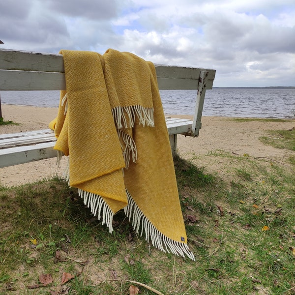 WOOL Blanket Hera in mustard yellow - Natural Throw plaid -  IN2NORD  - bed coverlet, quilt, wool cover