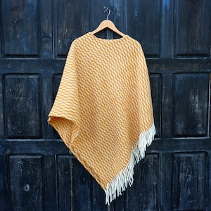 yellow wool blanket poncho with hood - Kiruna - hooded cape ruana with fringes -  Comfortable wool cape for outdoor - In2Nord