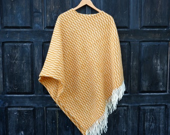 yellow wool blanket poncho with hood - Kiruna - hooded cape ruana with fringes -  Comfortable wool cape for outdoor - In2Nord