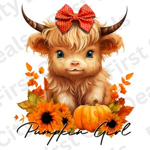 Pumpkin Girl Highland Cow PNG: Fall Sublimation Design (Digital Download)