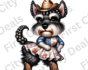 Schnauzer in Country Attire Clipart, Dog PNG, Playful Pet Art, Animal Clip Art, Dog Lovers, Schnauzer PSD  Transparent Background V4