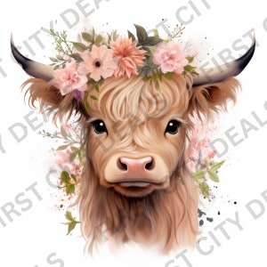 Highland Cow Watercolor Clipart, Cow PNG, Baby Shower Art, Baby Animals, , Baby Cow Clip Art, Summer Clipart, Highland Cow PSD v4