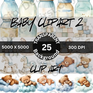 Pacote de clipart de aquarela de urso de pelúcia adorável 2 para decoração de berçário de bebê - Download instantâneo de gráficos PNG para projetos criativos