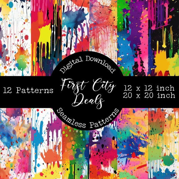 12 nahtlose digitale Papiere, Regenbogen Splatter, bunte abstrakte Farbe 20x20inch und 12x12inch 300DPI Digital Download