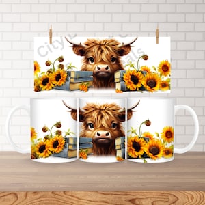 Coffee Mug Wrap 15oz and 11oz PNG Sublimation Design Digital File, Highland Cow, School Book with Sunflowers Theme, Mom Digital Download 002