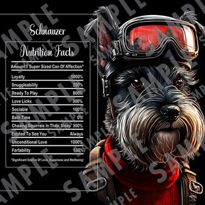 20 oz Skinny Tumbler Wrap Sublimatieontwerp Schnauzerhond met helm, voedingsinformatieblad, hondenmoeder, hondenliefhebber V2