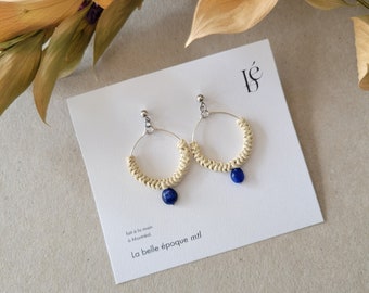 Ivory Color Raffia Earrings with Kyanite Gemstone - Handcrafted Round Jewelry, Stainless Steel Studs