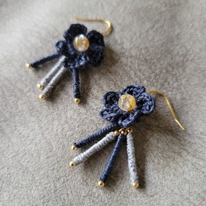 Raffia Flower Stainless Steel Earrings, Gemstone Dangles, Dangle Drop Flower Earrings, Handmade Unique Accessories Rutilated