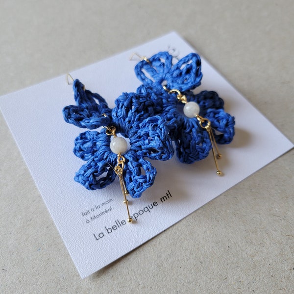 Blue Floral Pearl Raffia Earrings Boho Chic Dangle Jewelry Handmade Wedding party Fashion Elegant Beach Accessories