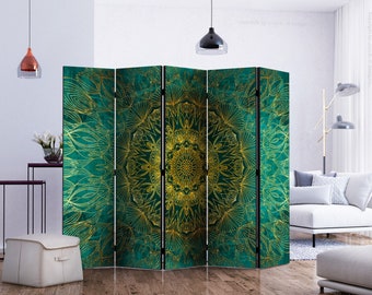 Freestanding Folding Screen | Emerald Mandala | Available in 3 and 5 Panels | Double-sided room divider