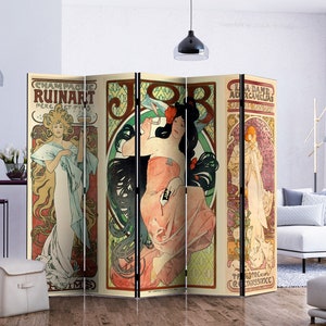 Jugendstil-Raumteiler | Alphonse Mucha Künstler | Freistehender Paravent in verschiedenen Ausführungen und 5 Paneelen