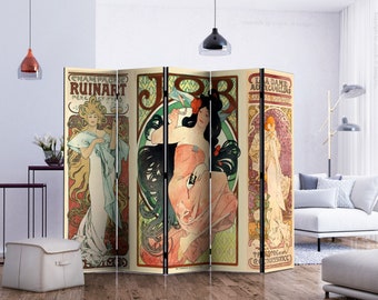 Art Nouveau Room Divider | Alphonse Mucha Artist | Freestanding folding screen in various finishes and 5 panels