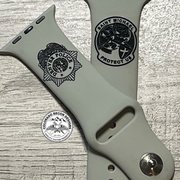 Laser gravé à la main Police Badge Silicone Band | St Michael | Apple Watch compatible 38/40/41mm, 42/44/45mm, Series 1,2,3,4,5,6,7,8
