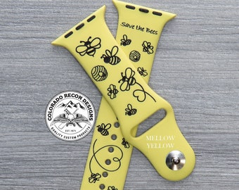 Save the Bees Hand Painted Laser Engraved Silicone Band | Apple Watch Compatible 38/40/41mm, 42/44/45mm, Series 1,2,3,4,5,6,7,8