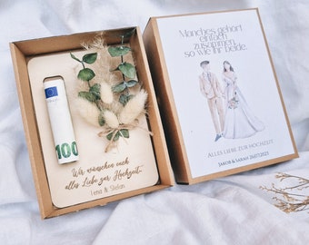 regalo de boda personalizado | Caja de regalo con ramo de flores | Regalo de dinero para la boda | Regalo con grabado