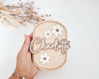 etiqueta de nombre personalizada con flores | regalo para nacimiento | regalo de cumpleaños | Letrero de madera personalizado