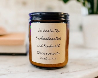 Scripture Candle: He Heals the Brokenhearted, Gift for Comfort, Bereavement Gift, Candle for Comfort