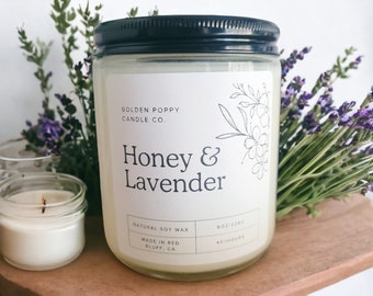 Honey Lavender Soy Candle: Aromatherapy Spa Scent, 8oz